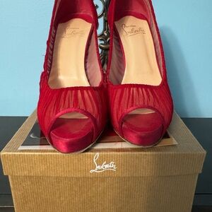 Christian Louboutin Red Peep-Toe Satin Pumps with Sheer Overlay